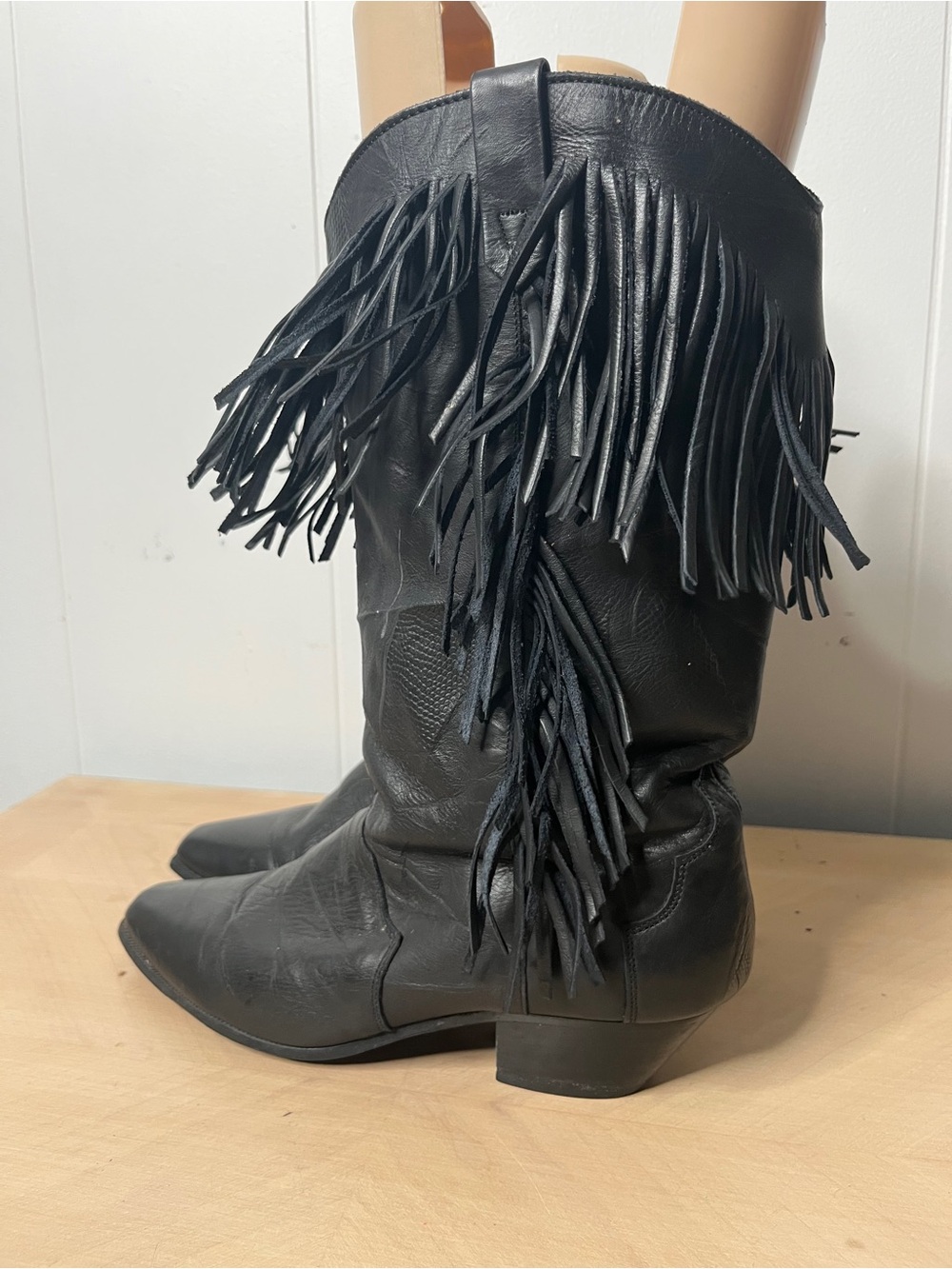 Women's Black Leather Fringe Mid-Calf Western Boots Cowboy Boots Size 9